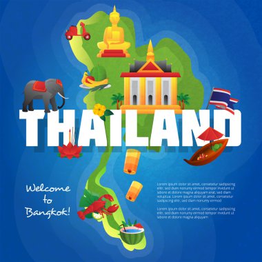 Tayland kültürel simgeleri düz harita Poster
