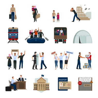 Vatansız mülteciler düz Icons Set