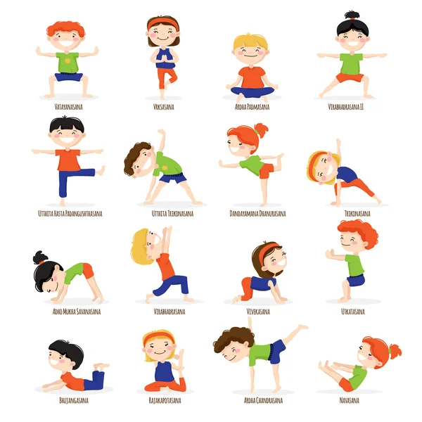 Niños Niños Yoga Poses Juego de dibujos animados . — Archivo Imágenes Vectoriales