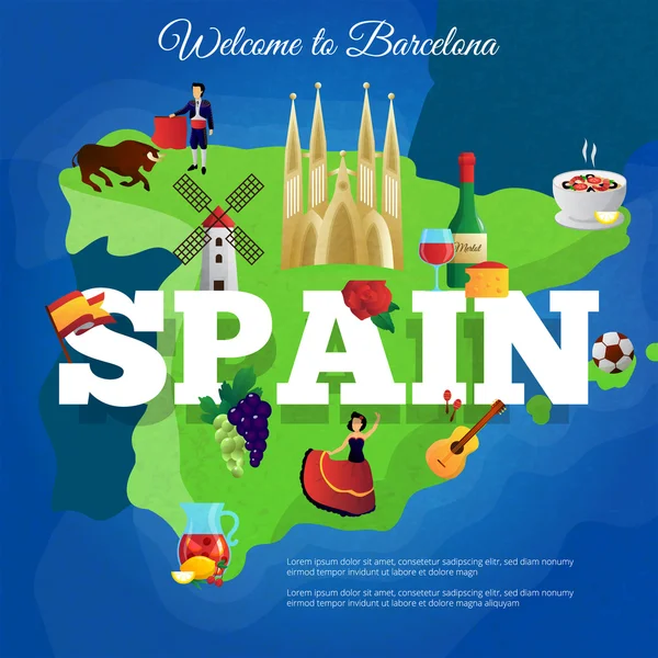 Spain Travel Flat Symbols Composition Poster — Stock Vector