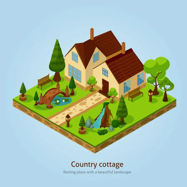 Isometrische land Cottage landschap Design Concept — Stockvector