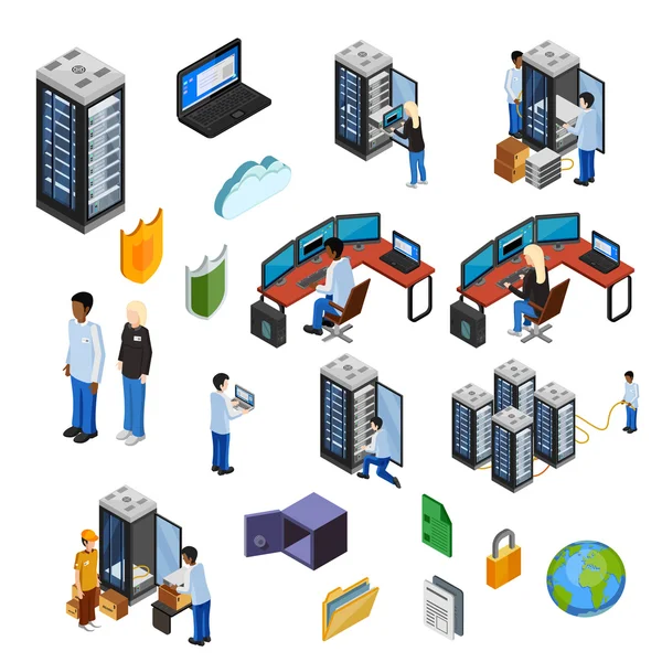 Ensemble d'icônes isolées isométriques de datacenter — Image vectorielle