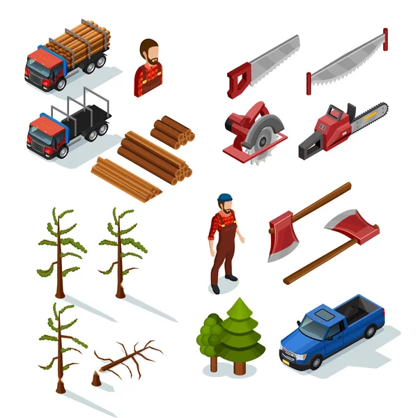 Holzfäller Isometrische Symbole Set — Stockvektor