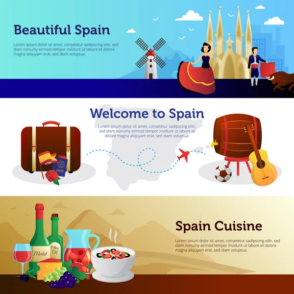 Spagna Welcome Travelers Banners Set — Vettoriale Stock