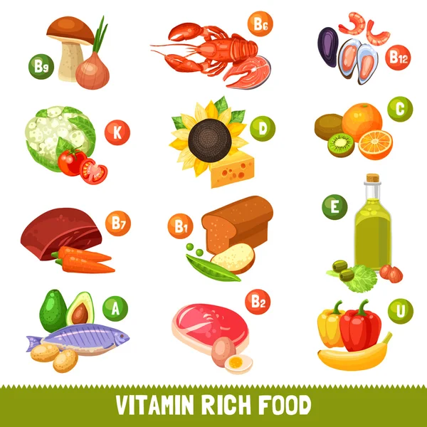 Productos alimenticios ricos en vitaminas — Archivo Imágenes Vectoriales