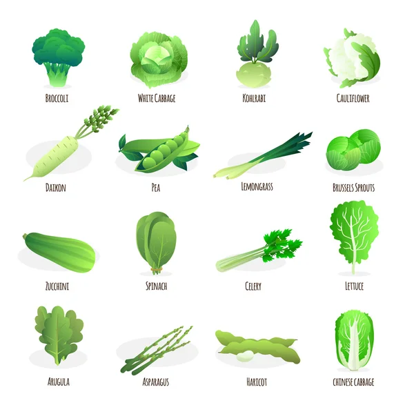 Yeşil sebzeler düz simgeler koleksiyonu — Stok Vektör