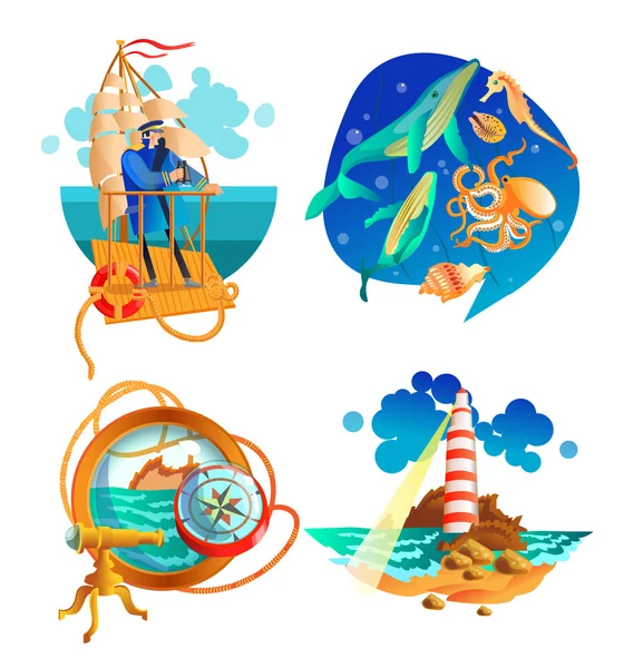 Sea Ocean Nautical Symbols Set — Stock Vector