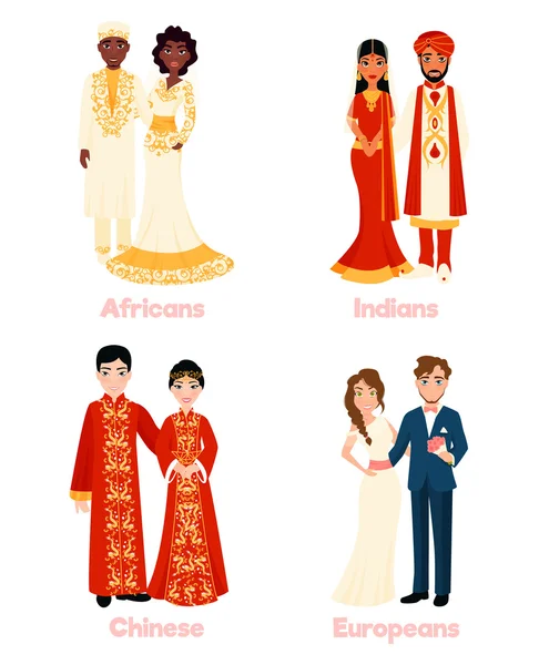 多文化の結婚式のカップル — ストックベクタ