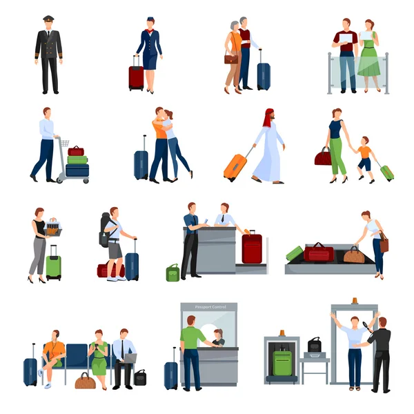 Mensen In luchthaven egale kleur pictogrammen — Stockvector