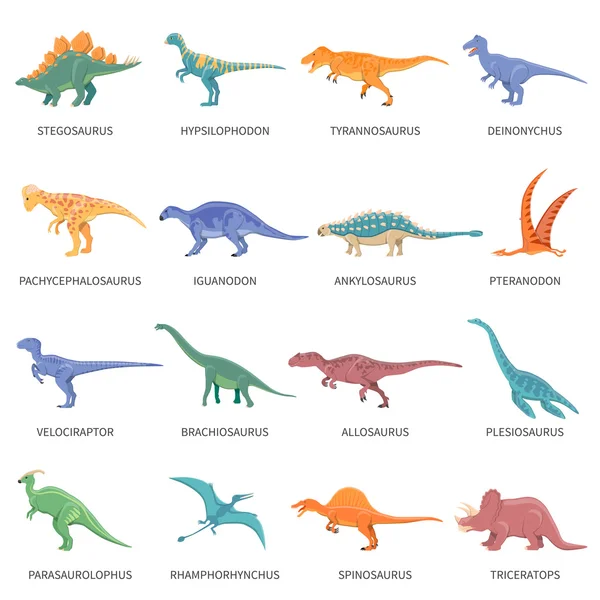 Dinosaurierna färgade isolerade ikoner Set — Stock vektor