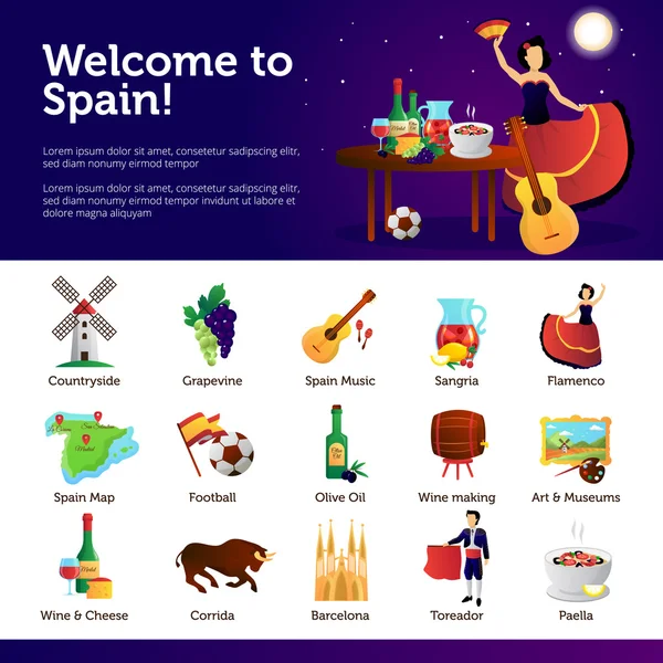 Bienvenido a España Infografía Símbolos Poster — Vector de stock