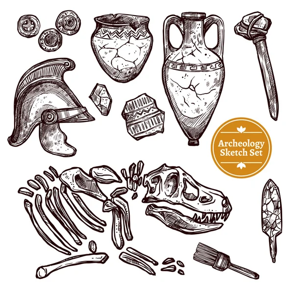 Arkeoloji elle çizilmiş kroki Set — Stok Vektör