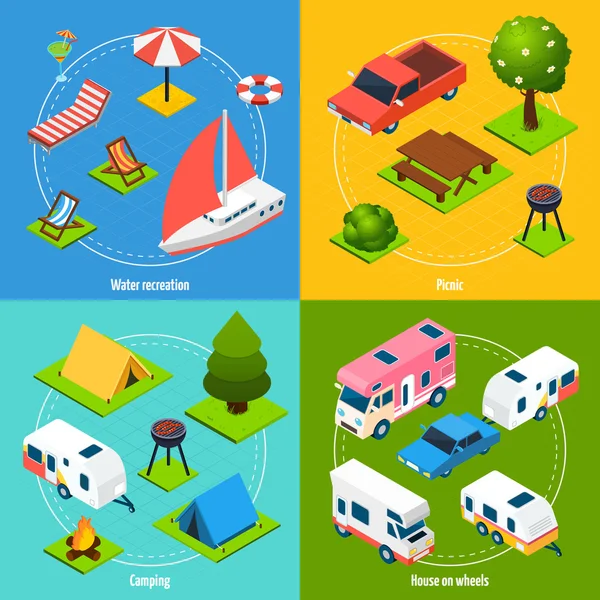 Conjunto de iconos de camping y viajes isométricos 2x2 — Vector de stock