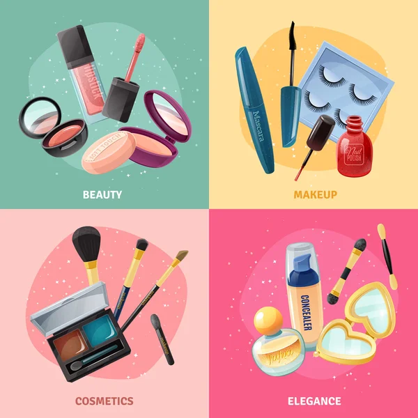 Cosméticos Maquillaje Concepto 4 iconos cuadrados — Vector de stock