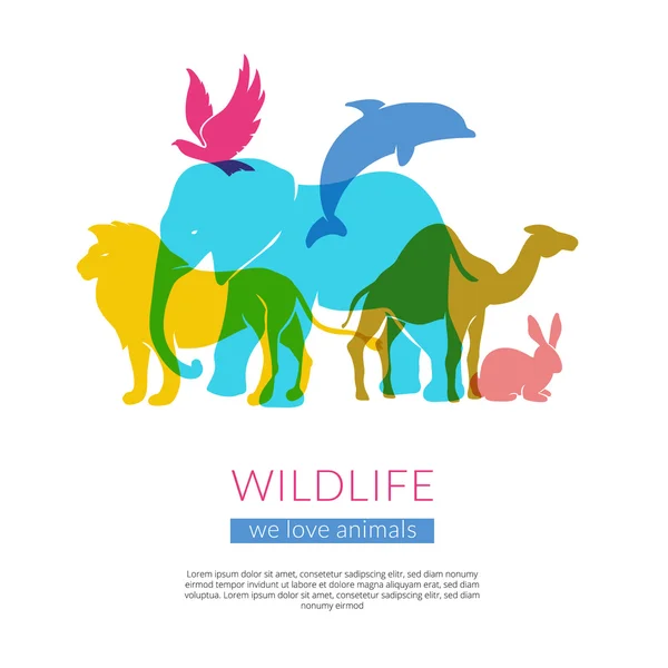 Animali selvatici Silhouette piatte Composizione Poster — Vettoriale Stock