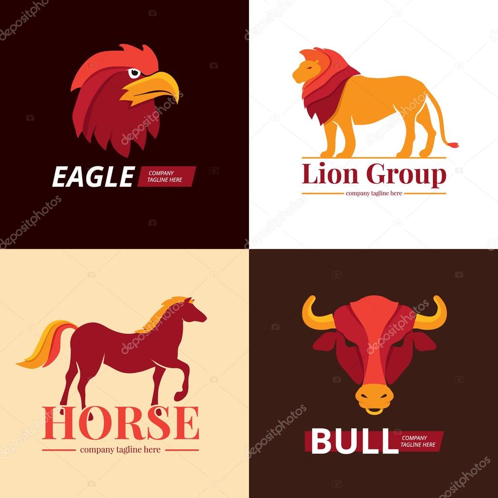 Lion eagle horse and bull animals logo design concept 4 flat icons square composition abstractisolated vector illustration