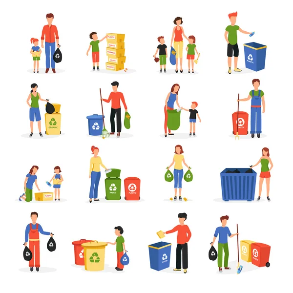 廃棄物のリサイクルの人々 フラット アイコンのコレクション — ストックベクタ