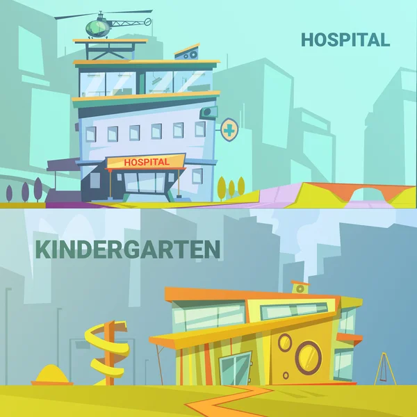 Hospital And Kindergarten Building Retro Cartoon — Stock Vector