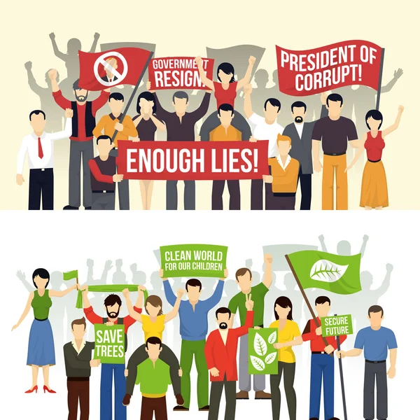 Demonstrações Políticas e Ecológicas Banners Horizontais — Vetor de Stock