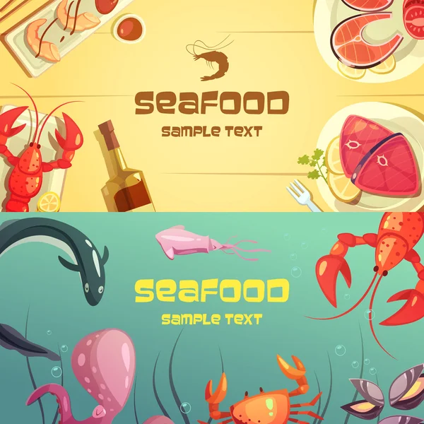 Banners de dibujos animados de mariscos — Vector de stock