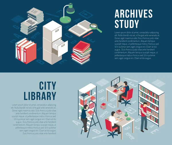 City Library Archives  2 Isometric Banners — Stock Vector