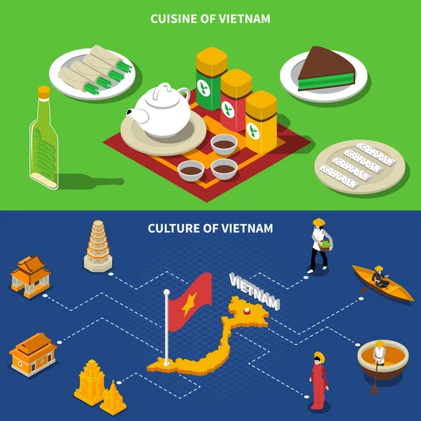 Vietnam Cultura Turística Isométrico 2 Banners — Vector de stock