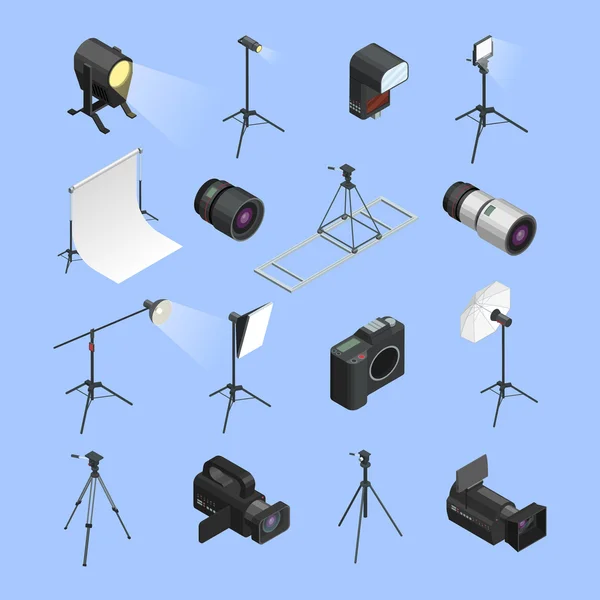 Equipo de estudio fotográfico Set de iconos isométricos — Vector de stock