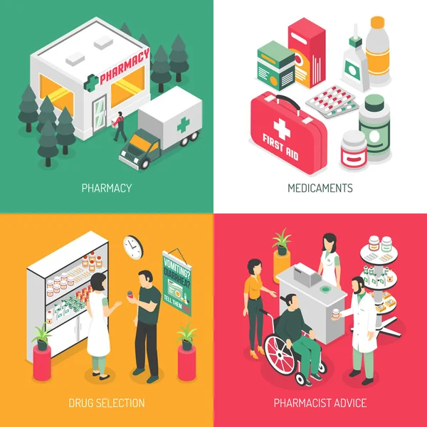 Pharmacy 4 Isometric Icons Square — Stock Vector