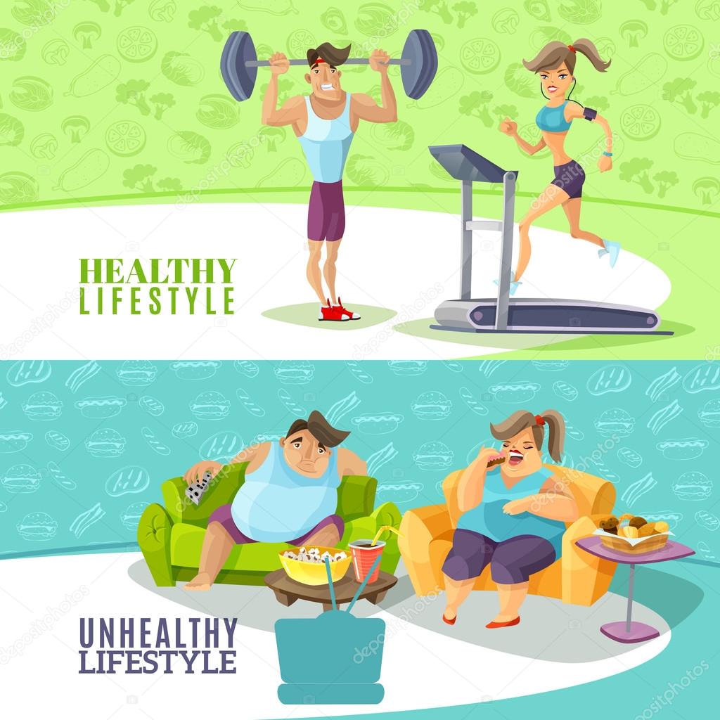 Healthy and unhealthy people horizontal banners set isolated cartoon vector illustration — Vettoriali di macrovector Trova immagini simili