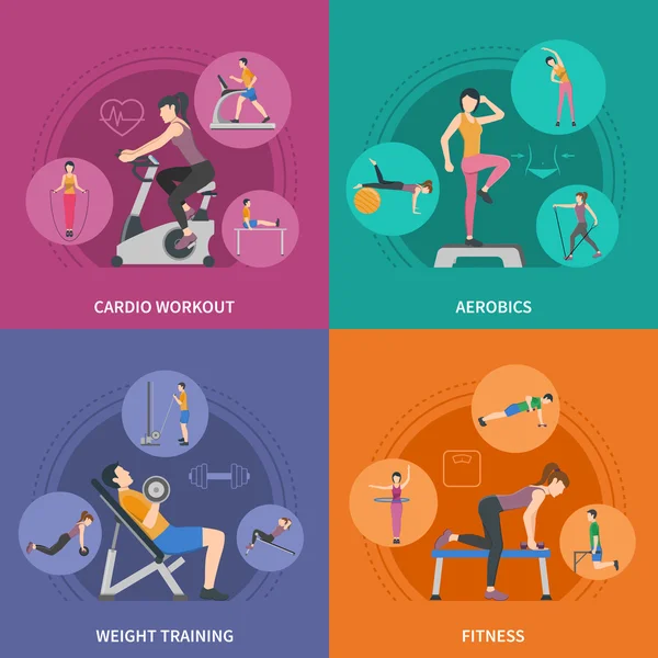 Fitness Gimnasio Entrenamiento 2x2 Conjunto de iconos — Vector de stock