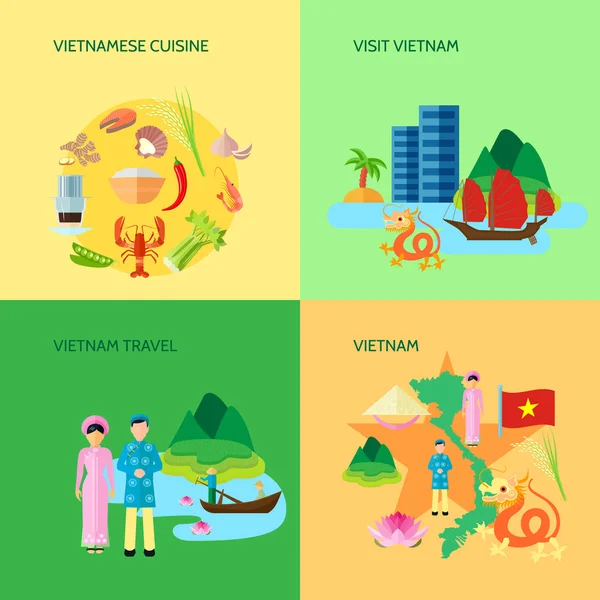 Cultura vietnamita 4 Flat Icons Square — Vettoriale Stock