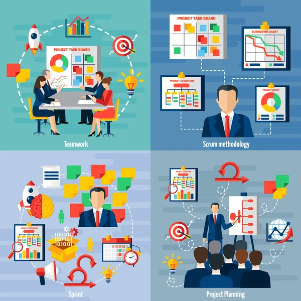 Scrum Agile 4 Iconos planos Cuadrado — Vector de stock