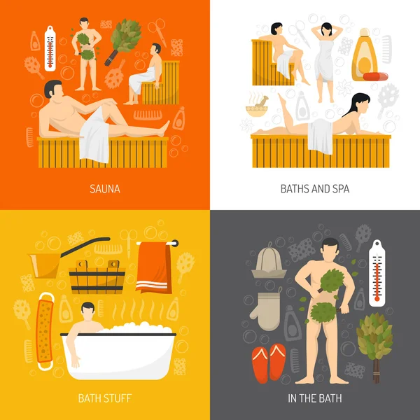 Bath Sauna Spa 4 Flat Icons — Stock Vector