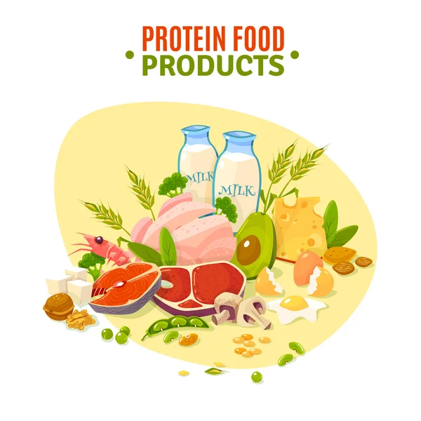 Cartaz de ilustração plana de produtos alimentícios proteicos — Vetor de Stock
