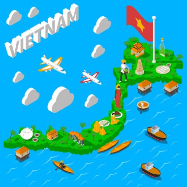 Vietnam Haritası Turistik İzometrik Poster