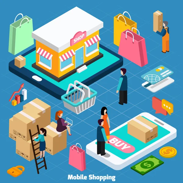 Mobile Shopping Concept isométrique — Image vectorielle