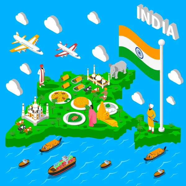 India kaart toeristische isometrische poster — Stockvector