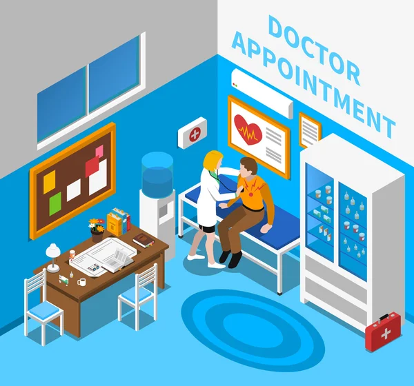 Doctor Examining Patient Isometric Poster — Stock Vector