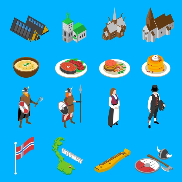 Noruega Atracciones turísticas Isométricos Iconos Colección — Vector de stock