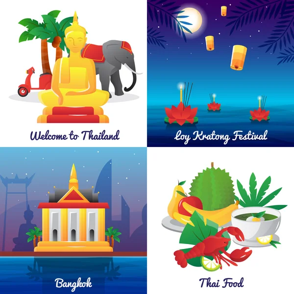 Ταϊλάνδη πολιτισμός 4 επίπεδης εικονίδια πλατεία — Διανυσματικό Αρχείο