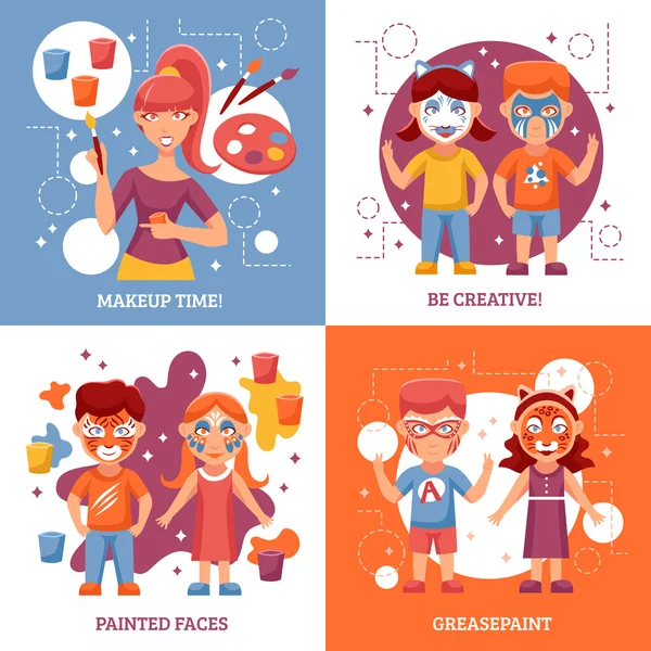 Children With Painted Faces Concept Icons Set — Stock Vector