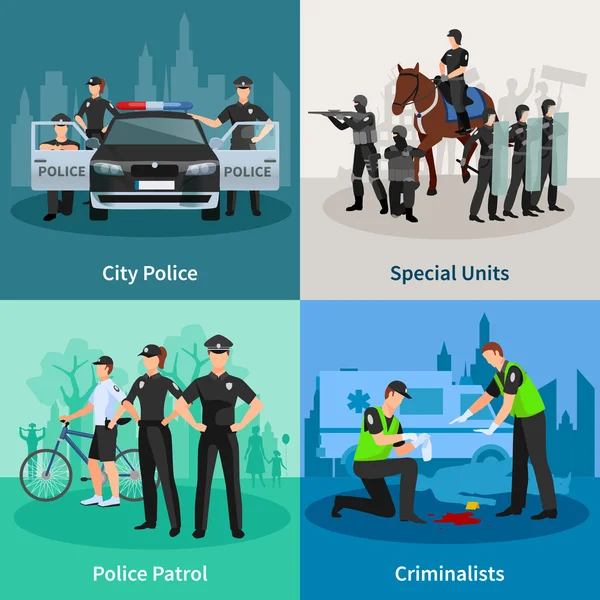 Polícia pessoas plano 2x2 Concept Design —  Vetores de Stock