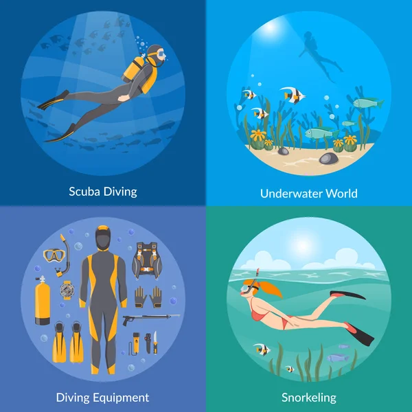 Καταδύσεις και κολύμβηση με αναπνευστήρα 2Χ2 σχεδιασμό έννοια — Διανυσματικό Αρχείο