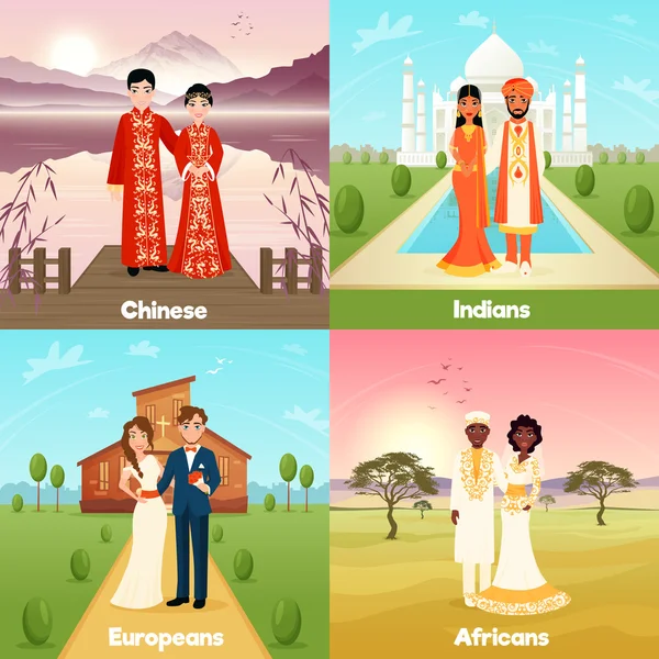 Boda multicultural Parejas Concepto de diseño — Archivo Imágenes Vectoriales