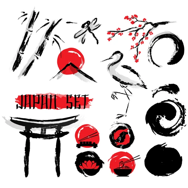 Japanese Sumie Ink Painting Icons Set — Stock Vector