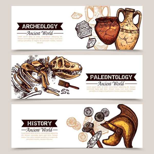 Bannières colorées croquis horizontal archéologie — Image vectorielle