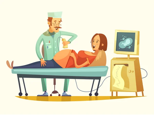การคัดกรองอัลตราซาวด์การตั้งครรภ์ ภาพการ์ตูนย้อนหลัง — ภาพเวกเตอร์สต็อก