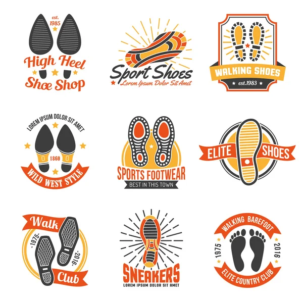 Skor etiketter med Footprints ikoner set — Stock vektor