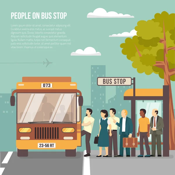 Ciudad parada de autobús afiche plano — Vector de stock