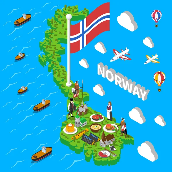 Norwegia mapa turystyczne symboli izometrycznych plakat — Wektor stockowy